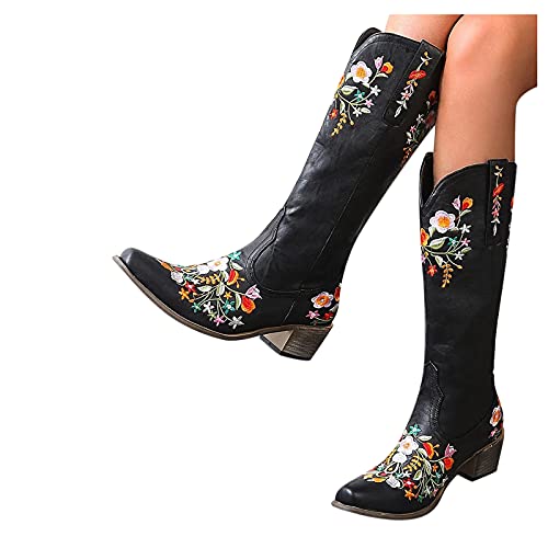 Botas de vaquero vintage para mujer, con bordado floral, de poliuretano, con tacón cuadrado, antideslizantes, clásicas, para invierno, botas altas, botas de estilo occidental, botines de tobillo