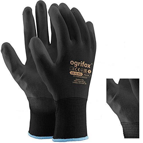 24 pares de guantes de trabajo de nailon negro revestidos de poliuretano Para jardinería, construcción y mecánica, con adhesivo redondo AJS LTD® (L-9).