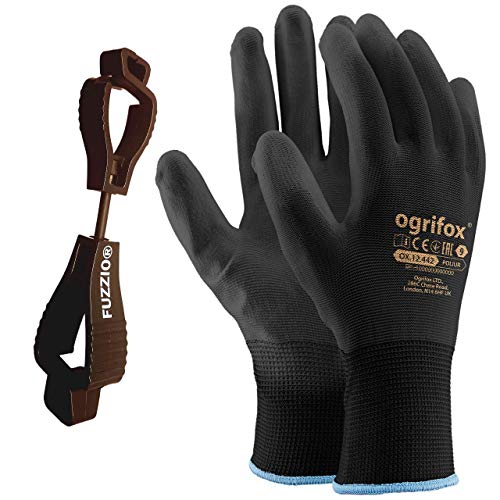 24 pares de guantes de trabaj poliuretano y clip para guantes FUZZIO® (S - 7, Negro)