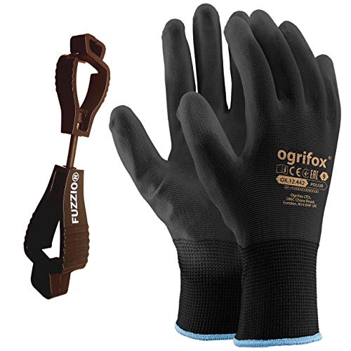 24 pares de guantes de trabaj poliuretano y clip para guantes FUZZIO® (XL - 10, Negro)
